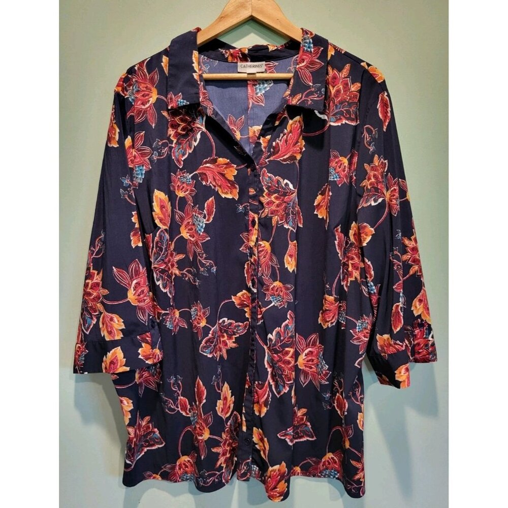Catherines Black Red Floral 3/4 Sleeve Button Up Top Sz 4X